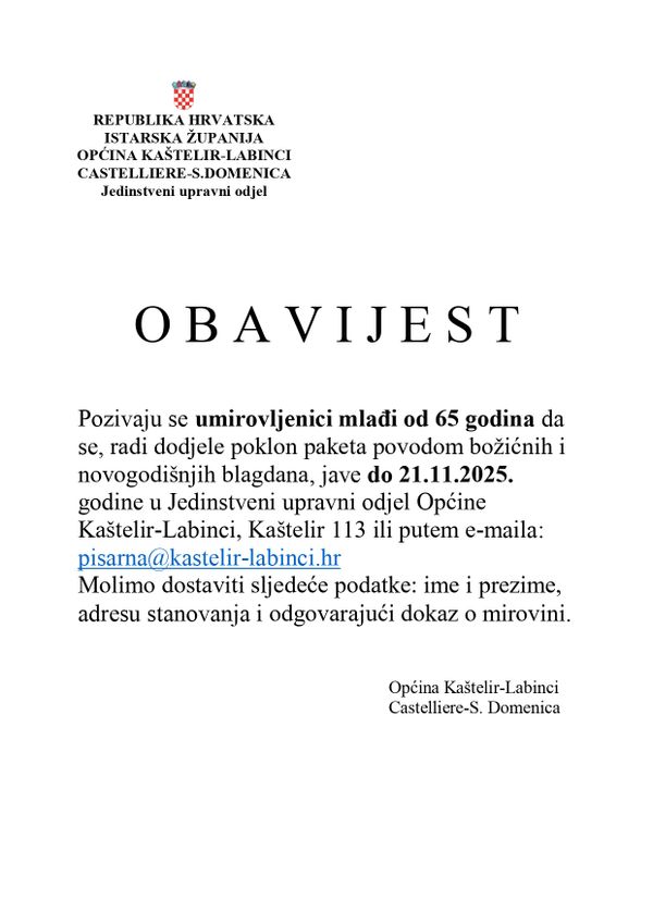 POZIV UMIROVLJENICIMA KOJI SU MLAĐI OD 65. GODINA 2025.